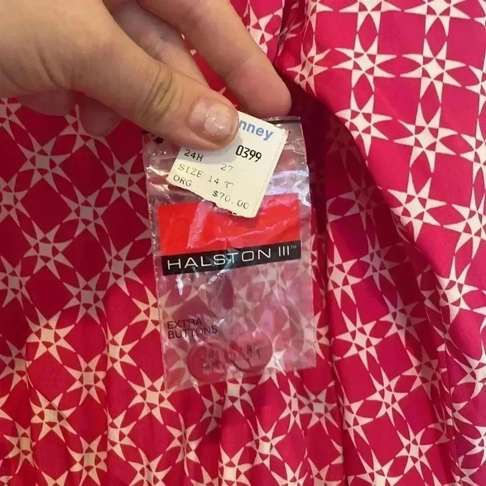 Vtg NWT Halston III Star Print Button Up Maxi Dress Fuchsia Shoulder Pads Sz 14 - Picture 4 of 9
